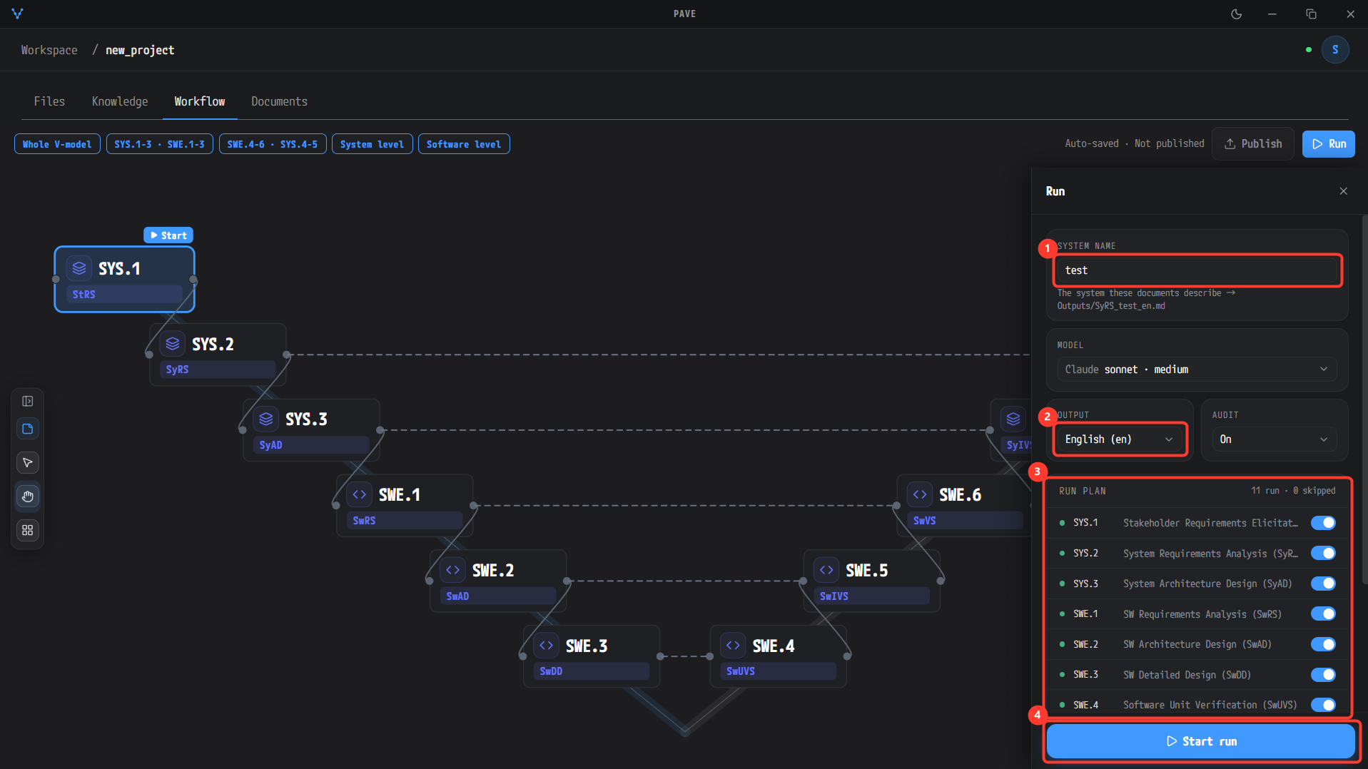 Run panel — system name, output language, run plan, Start run