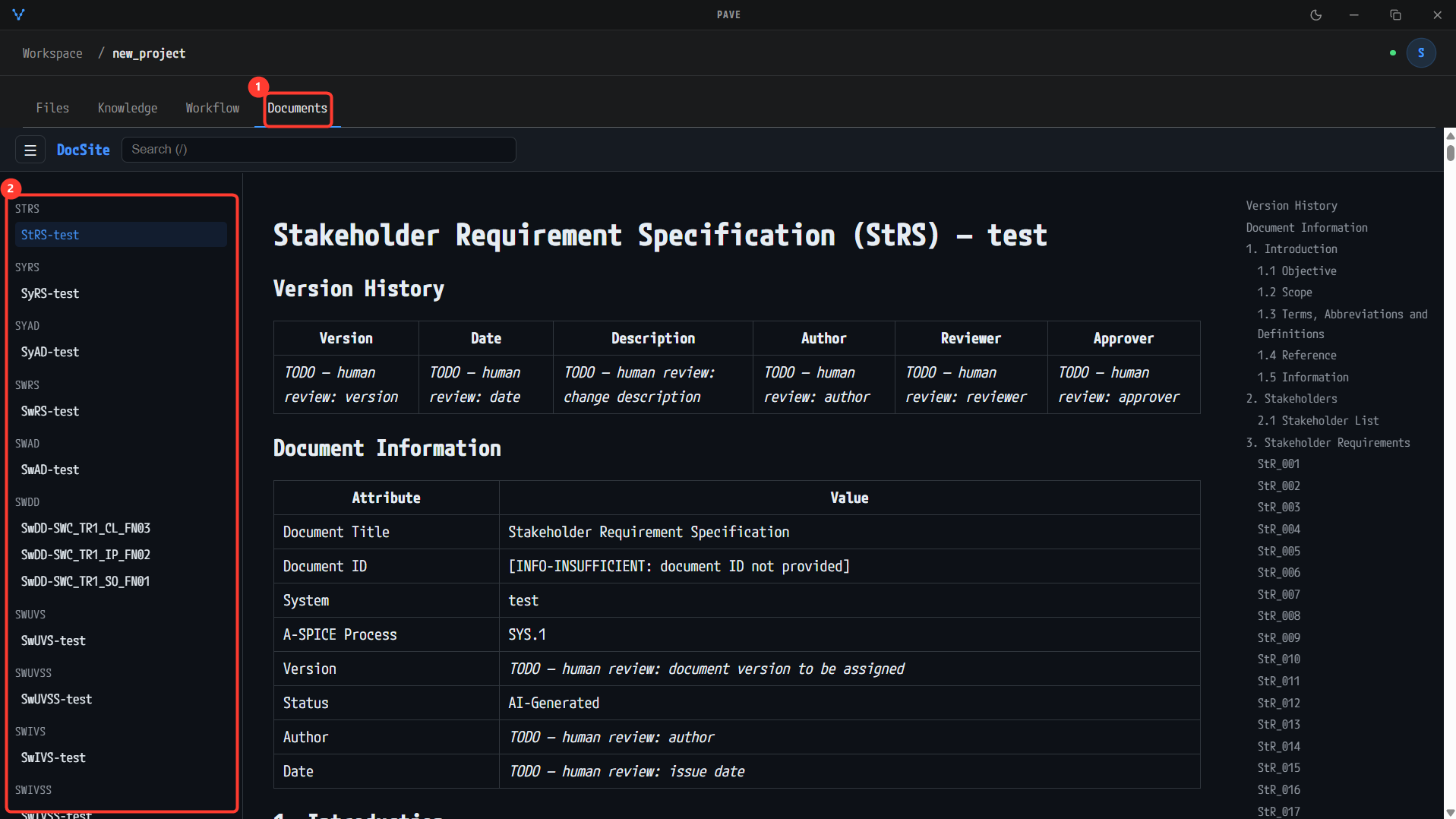 Documents tab — the generated document site