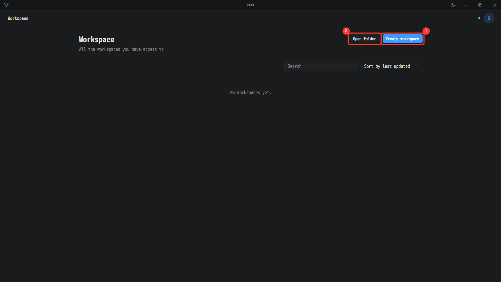 Workspace 화면 — Create workspace 와 Open folder