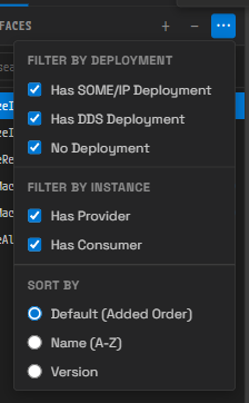 Sort & Filter 팝오버 — Filter by deployment, Filter by instance, Sort by 세 묶음