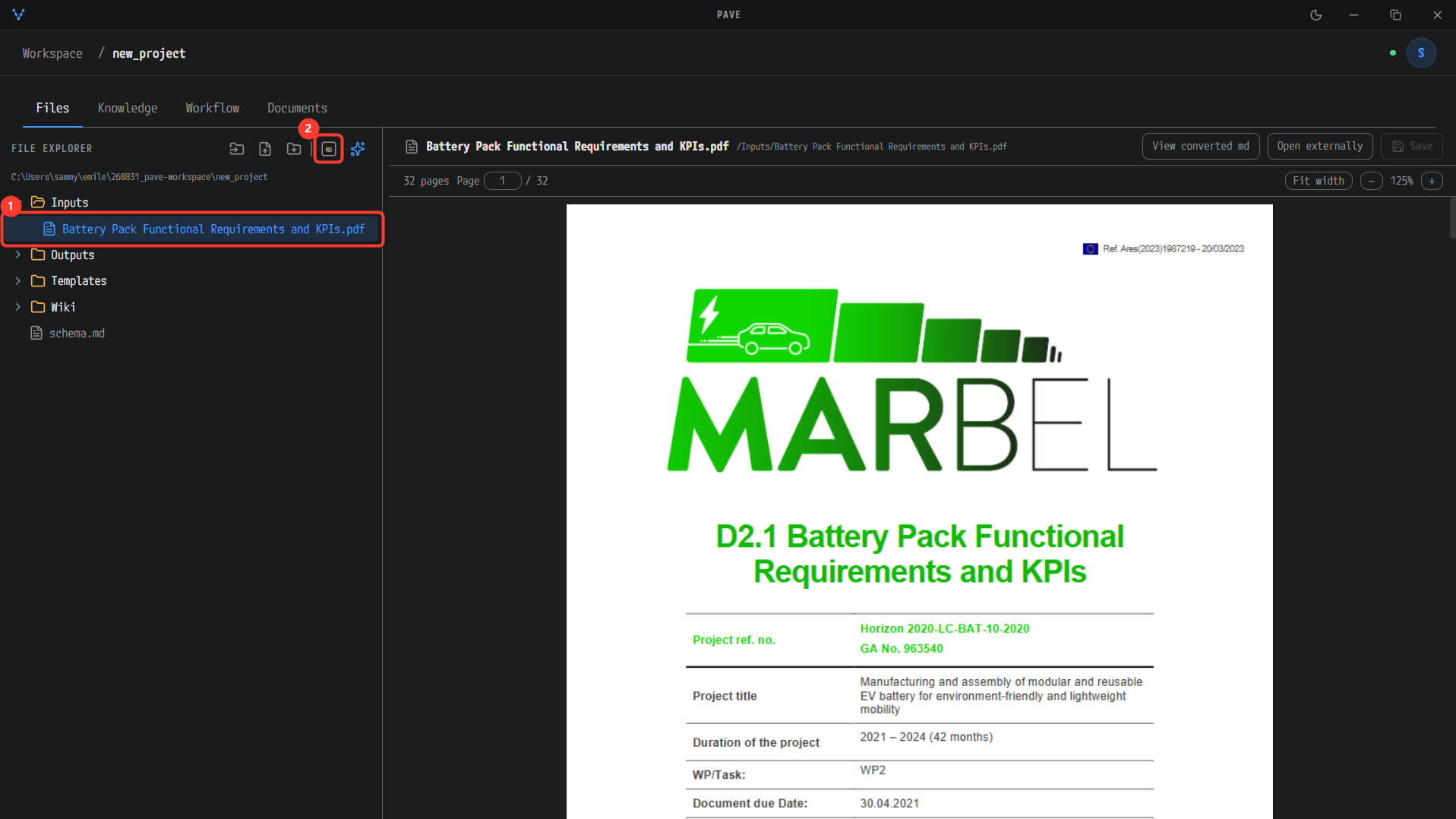 Inputs 에 들어온 PDF 와 Convert to Markdown 아이콘